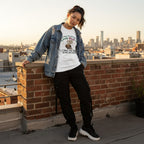 East Asian woman in streetwear posing for a lifestyle shot outdoors.