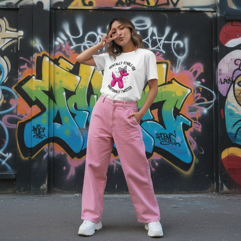 East Asian woman wearing a white streetwear t-shirt.