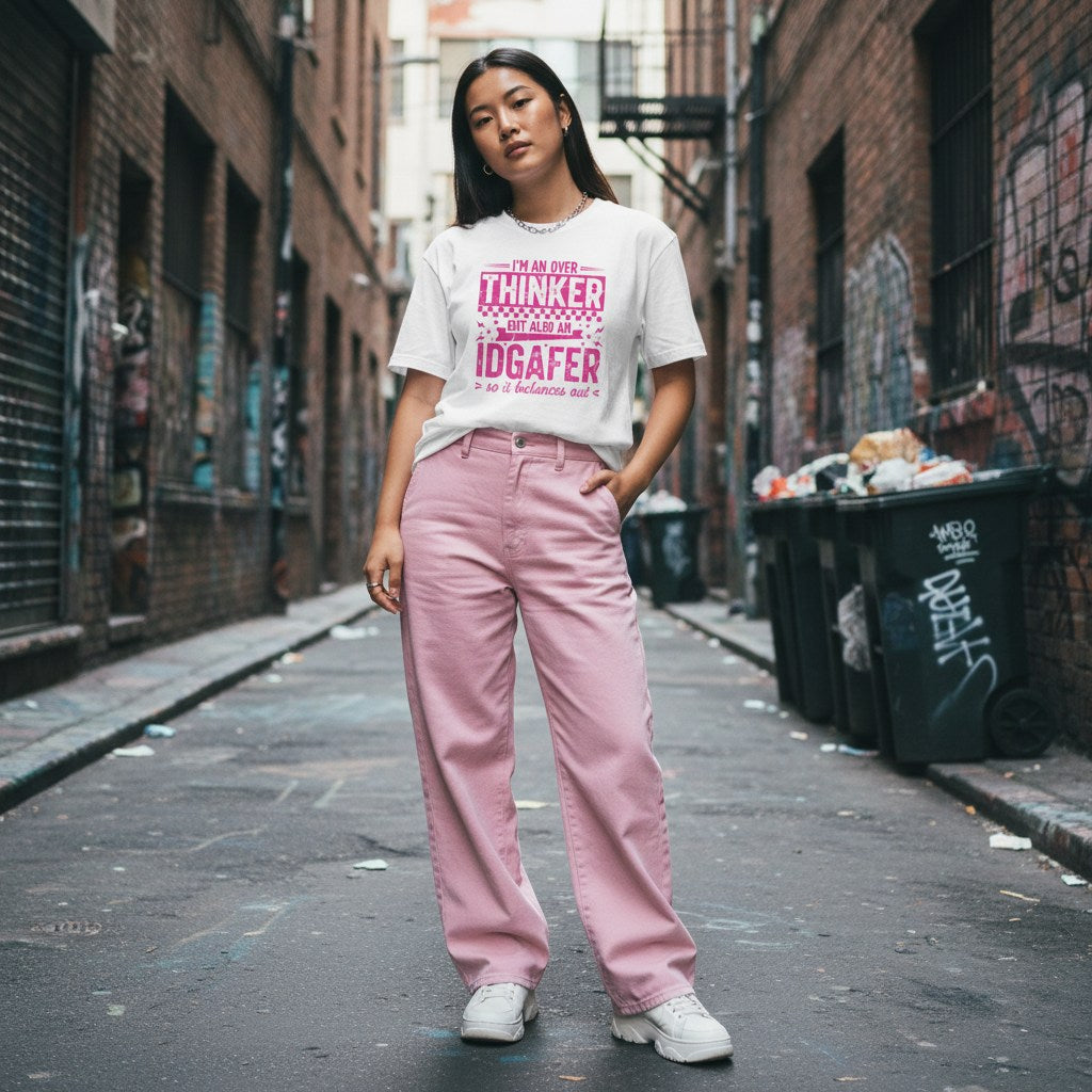 East Asian woman wearing a white t-shirt in an urban streetwear setting