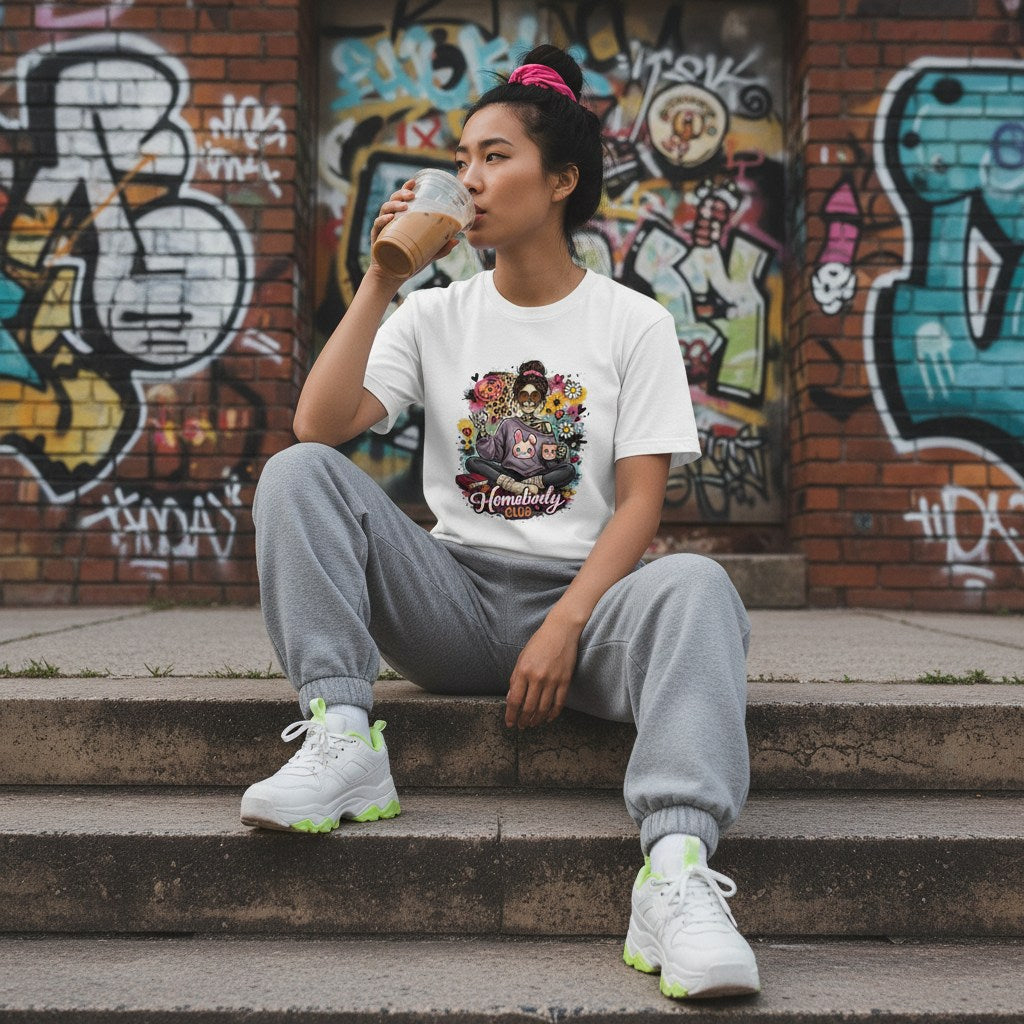East Asian woman in urban streetwear wearing a white t-shirt outdoors