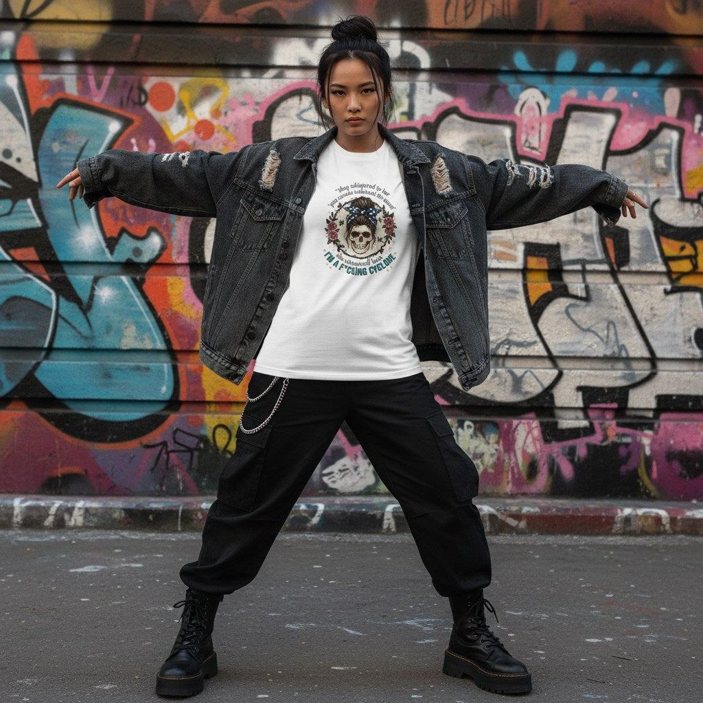 East Asian woman wearing a floral skull t-shirt in a streetwear setting