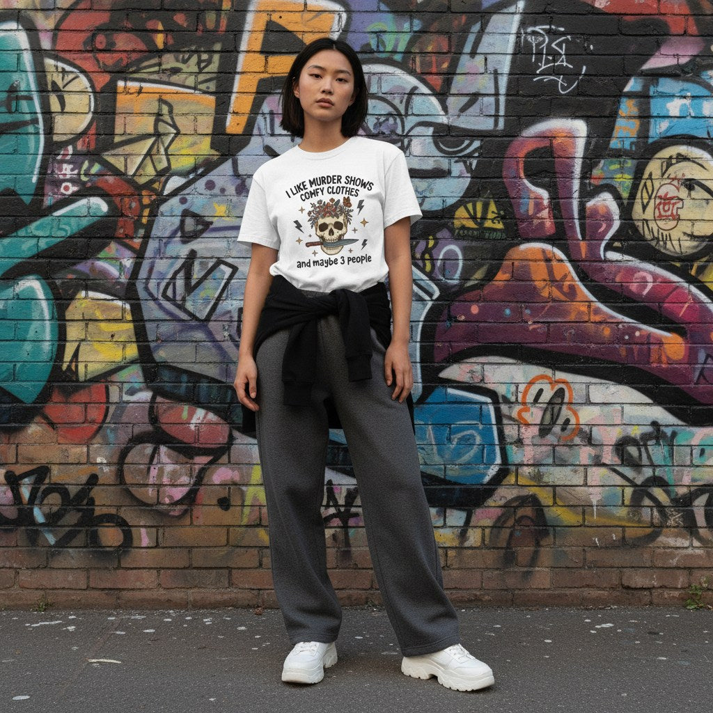 East Asian woman wearing a white t-shirt in an urban streetwear setting