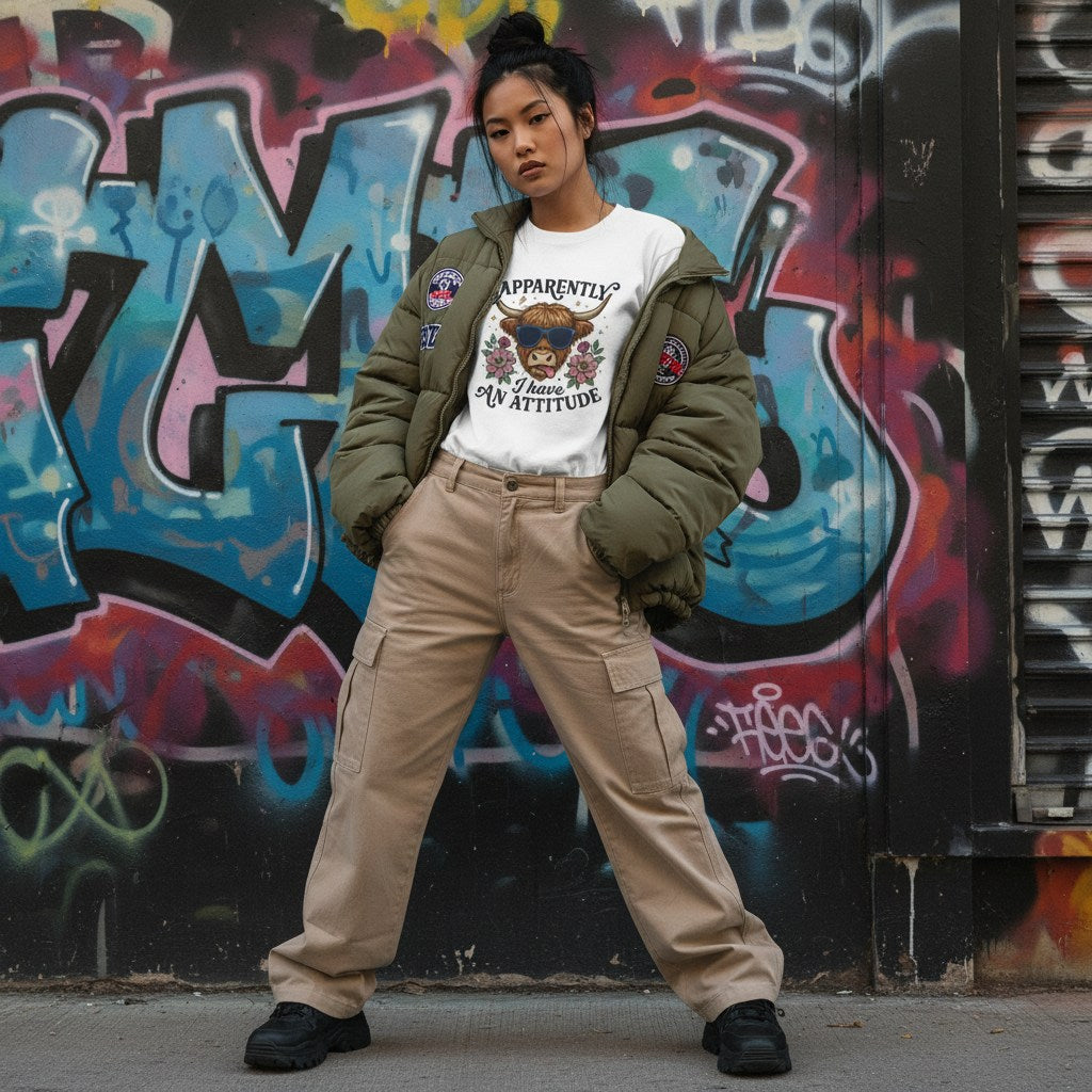 East Asian woman wearing a white streetwear t-shirt outdoors.