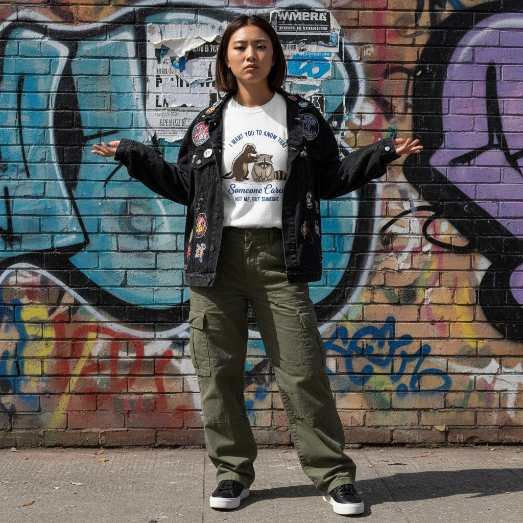 East Asian woman wearing streetwear urban apparel