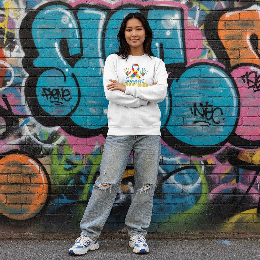 East Asian woman wearing a white support squad sweatshirt.