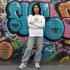 East Asian woman wearing a white support squad sweatshirt.