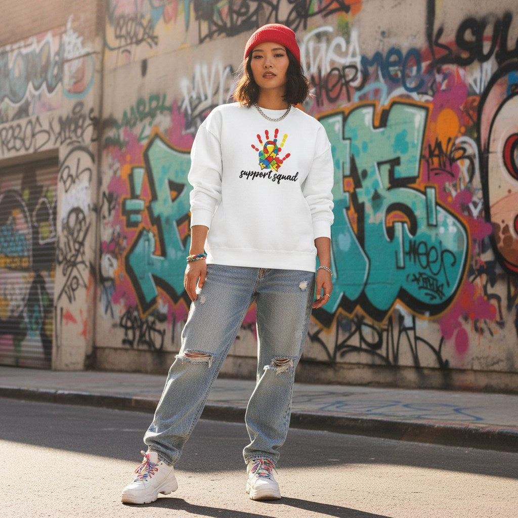 East Asian woman wearing a white support squad autism awareness sweatshirt.