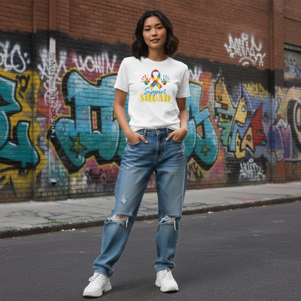 East Asian woman wearing a white autism support squad T-shirt.