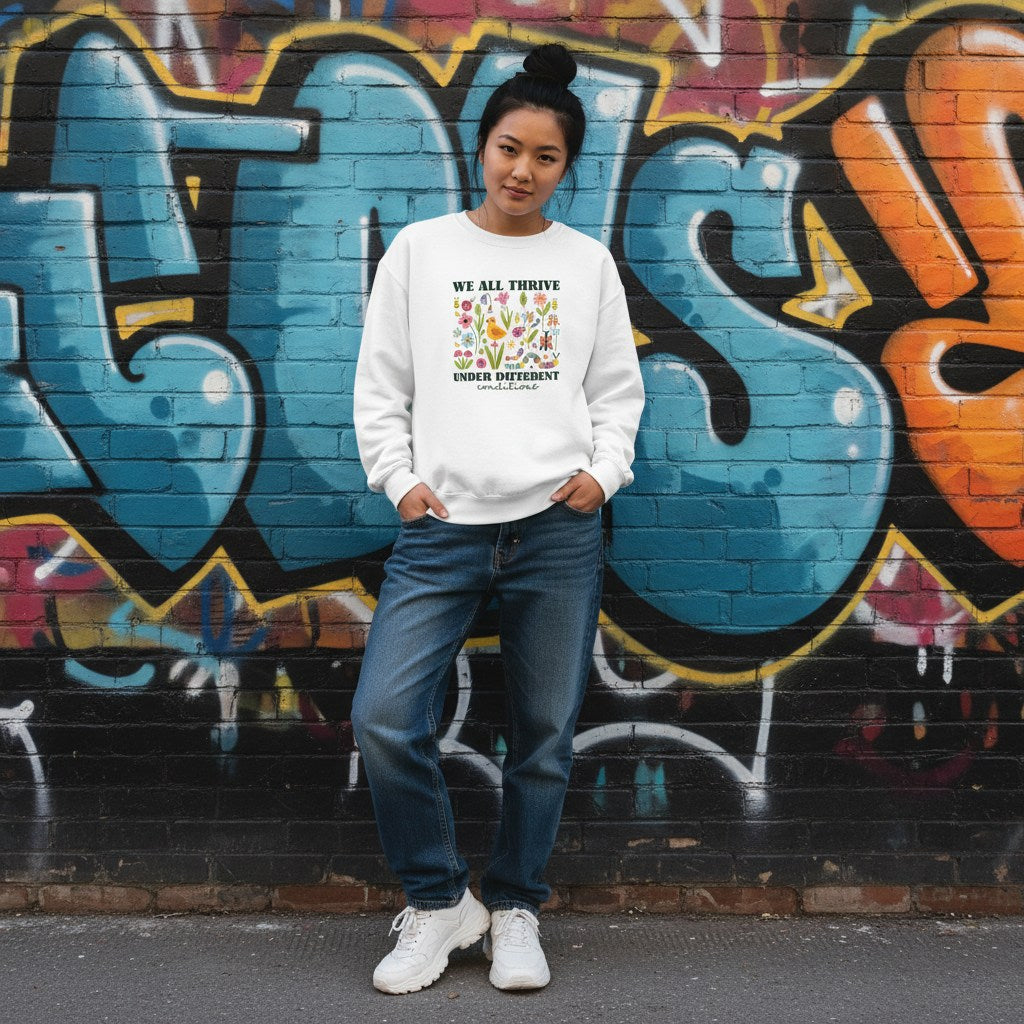 East Asian woman wearing a white autism awareness sweatshirt.