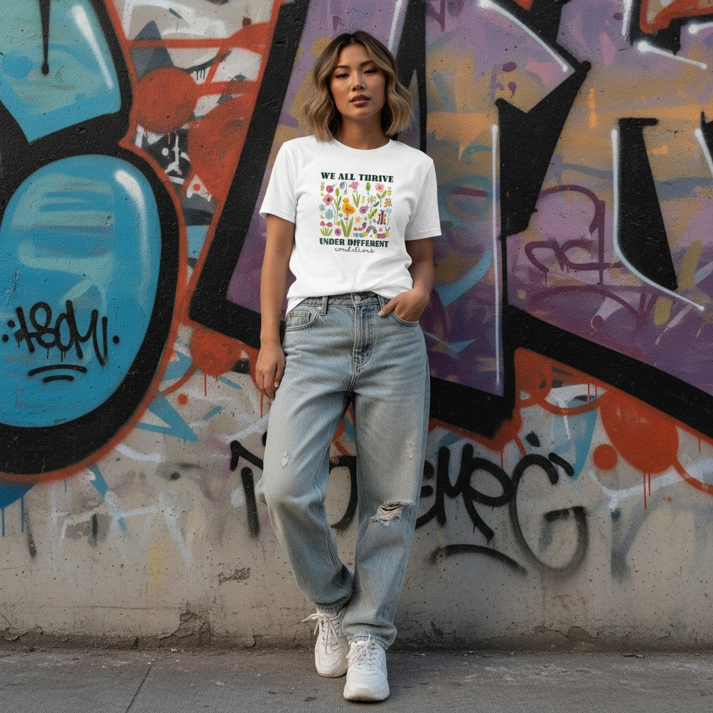 East Asian woman wearing a white neurodiversity awareness t-shirt.