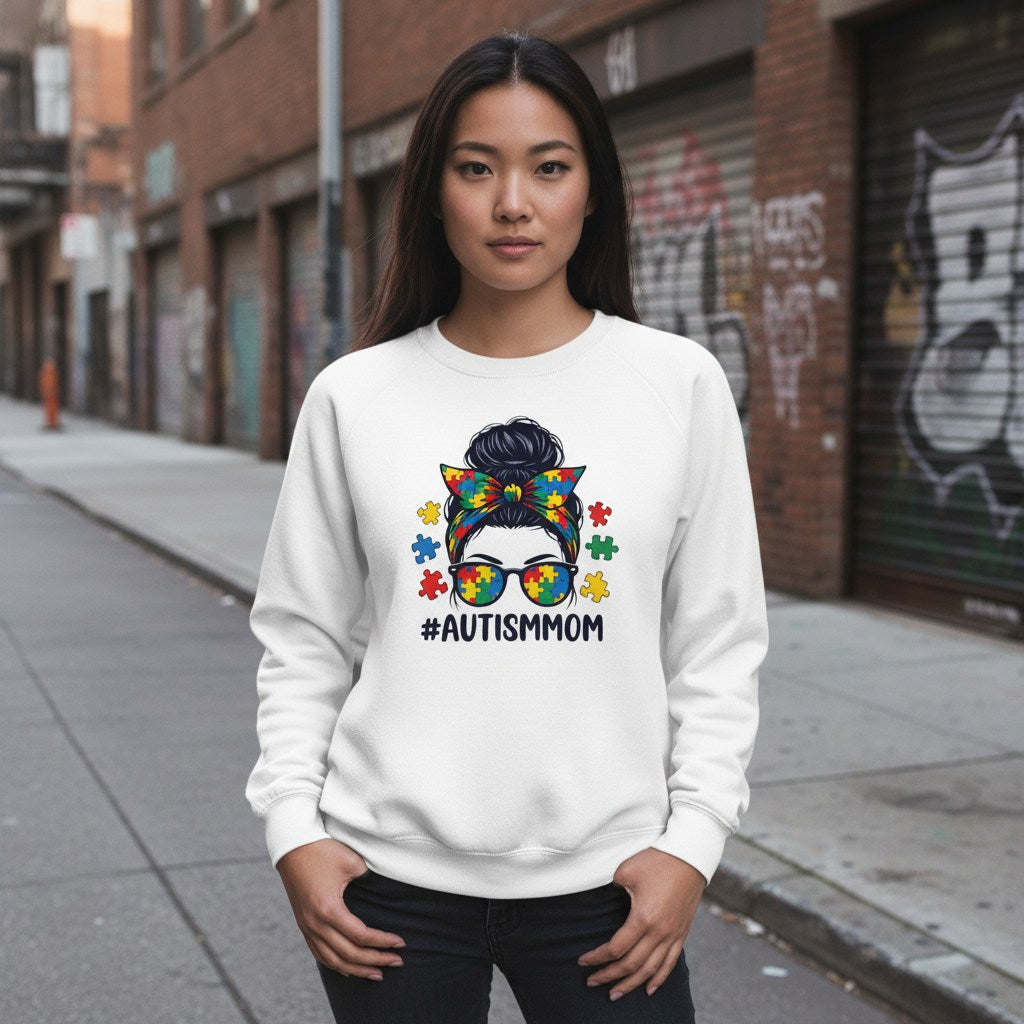 East Asian woman wearing a white autism mom sweatshirt.