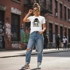 East Asian woman wearing a white autism mom t-shirt.