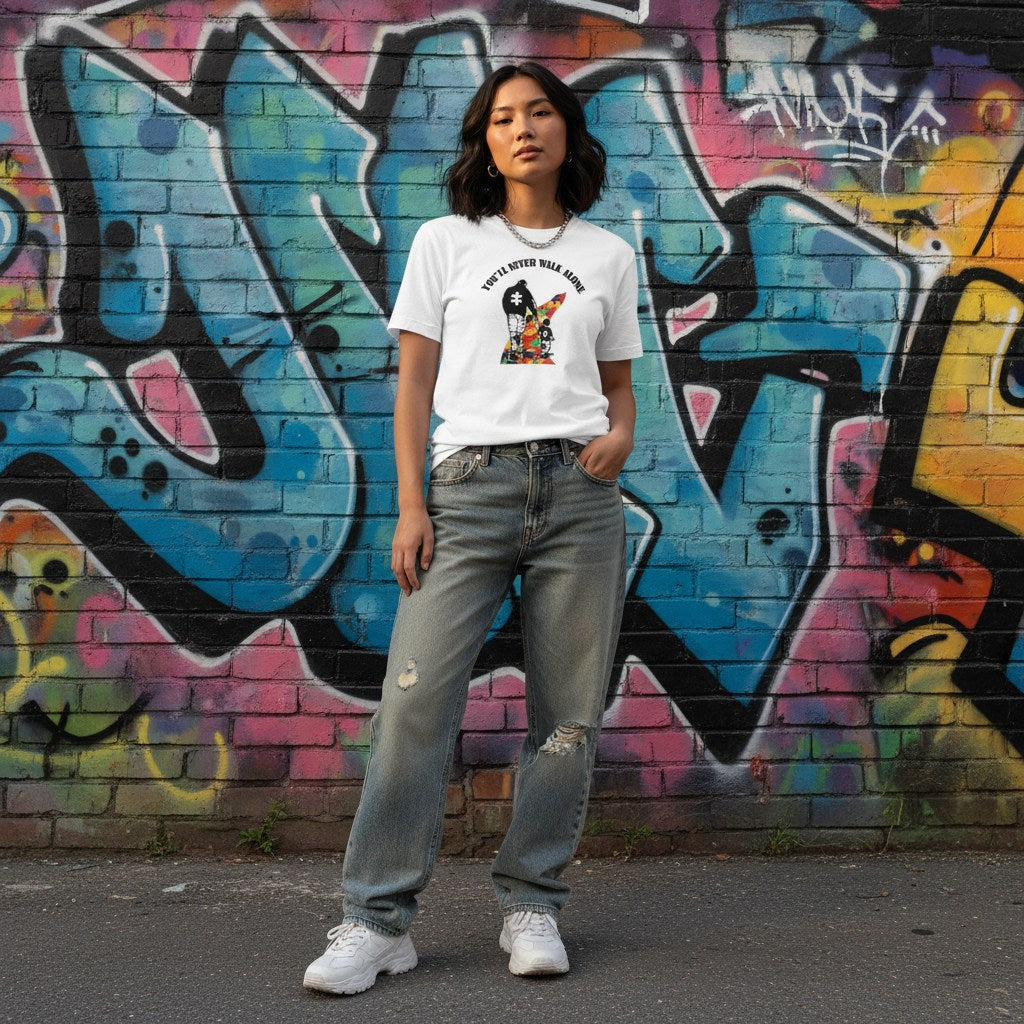 East Asian woman wearing a white You'll Never Walk Alone autism awareness t-shirt.