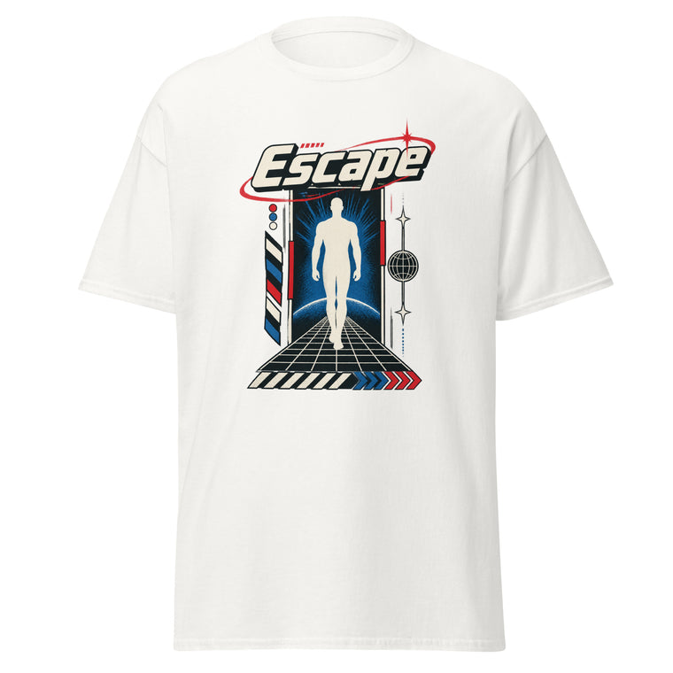 White T-shirt featuring the word “Escape” above a futuristic corridor with a silhouetted human figure and geometric accents.