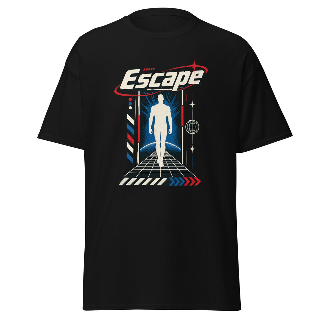 Black T-shirt with the word “Escape,” a white human silhouette, futuristic grid, and red and blue graphic accents