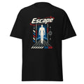Black T-shirt with the word “Escape,” a white human silhouette, futuristic grid, and red and blue graphic accents