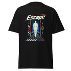 Black T-shirt with the word “Escape,” a white human silhouette, futuristic grid, and red and blue graphic accents
