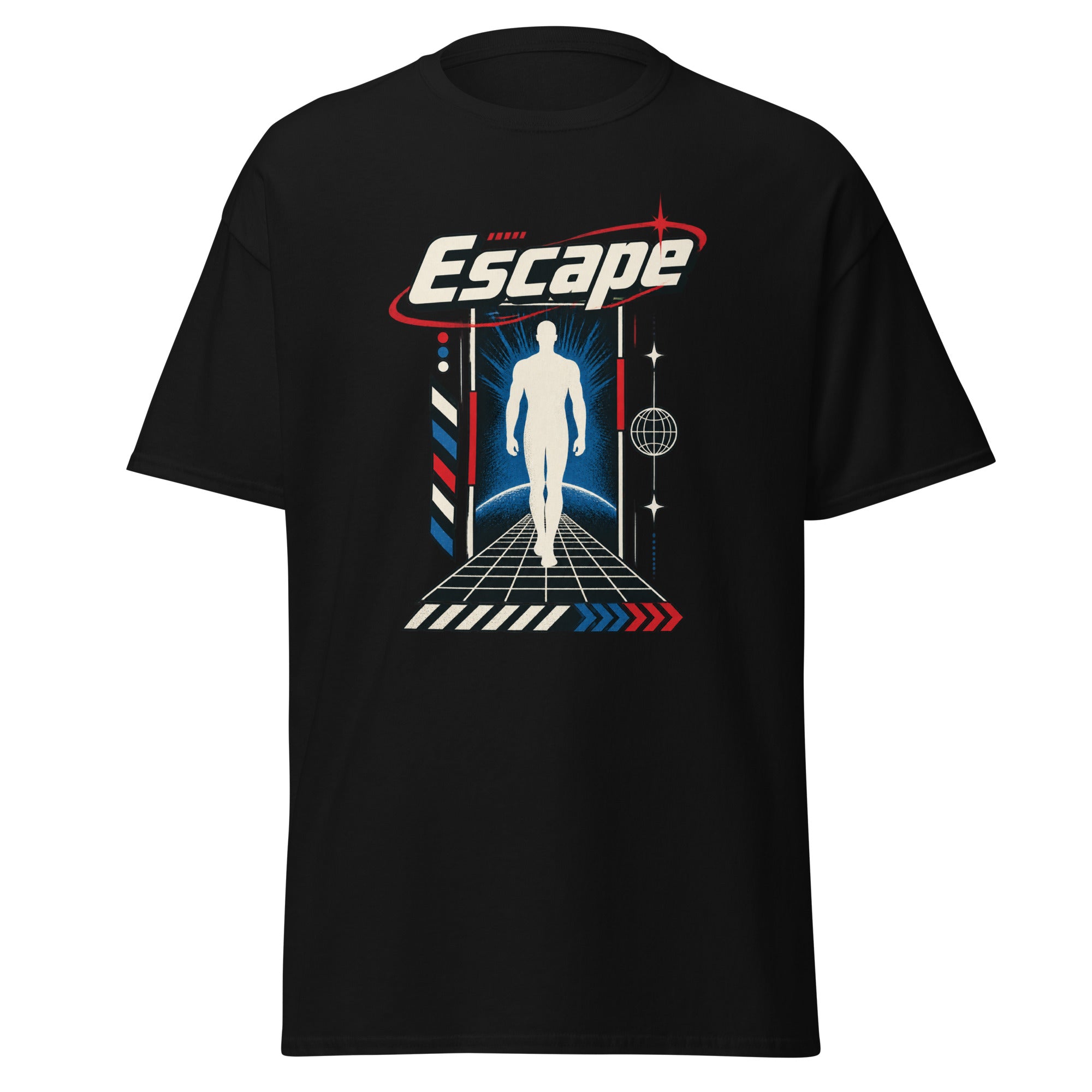 Black T-shirt with the word “Escape,” a white human silhouette, futuristic grid, and red and blue graphic accents