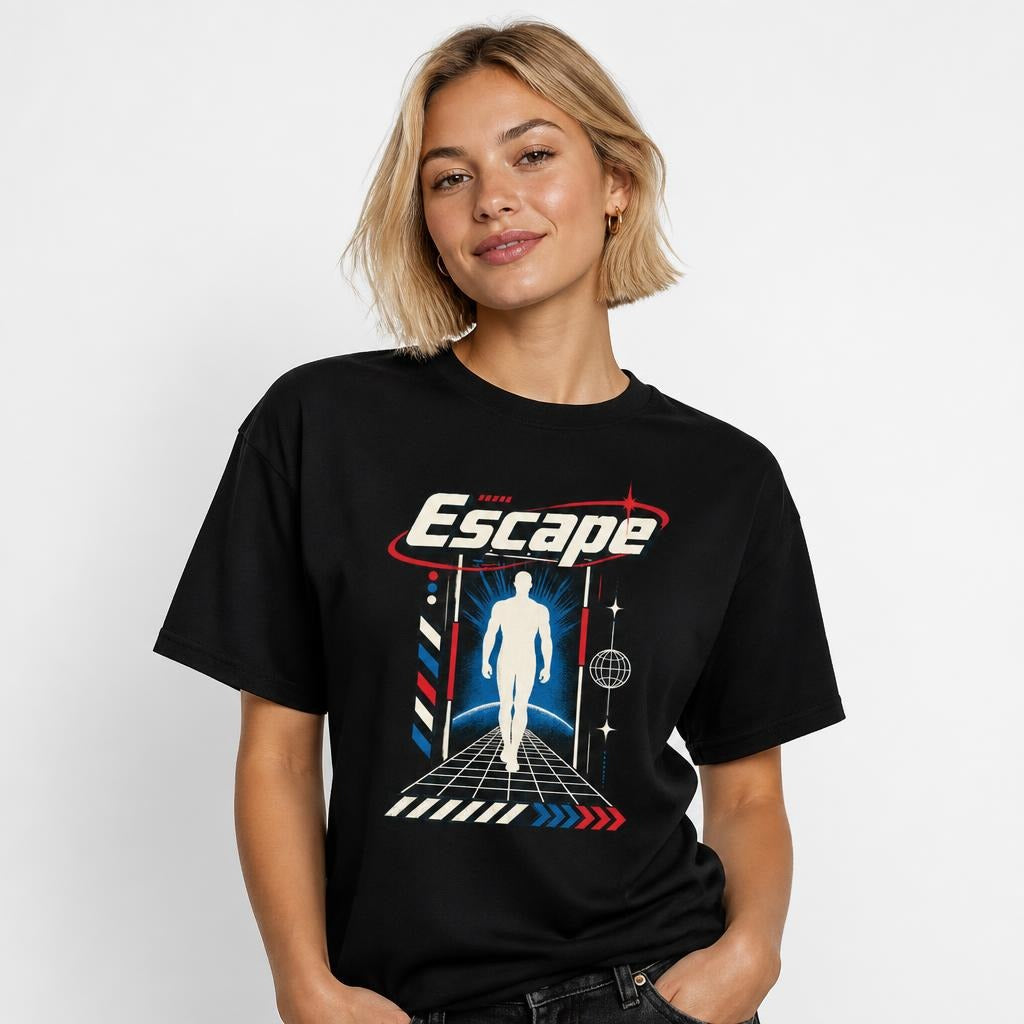 Escape Graphic Unisex Cotton t shirt in Black worn by a studio model in an upper-body walking pose on a clean white background