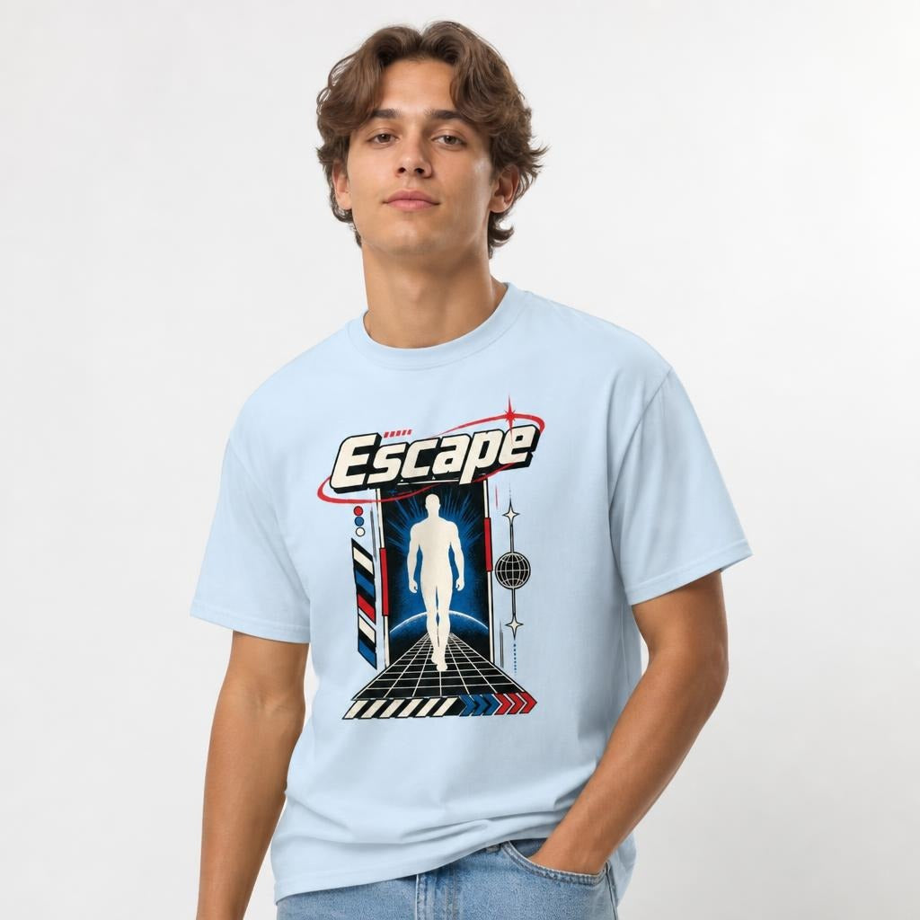 Escape Graphic Unisex Cotton t shirt in Light Blue worn by a studio model in an upper-body three quarter left pose on a clean white background