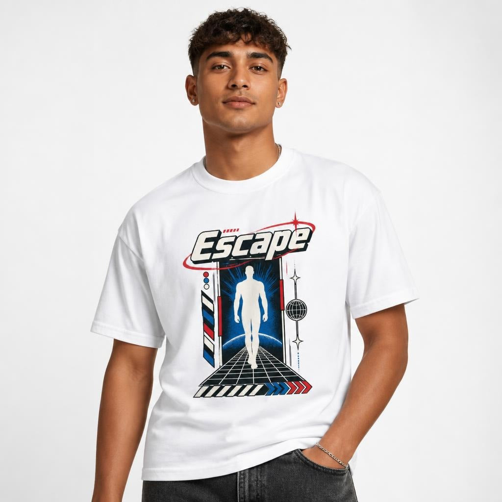 Escape Graphic Unisex Cotton t shirt in White worn by a studio model in an upper-body front relaxed pose on a clean white background