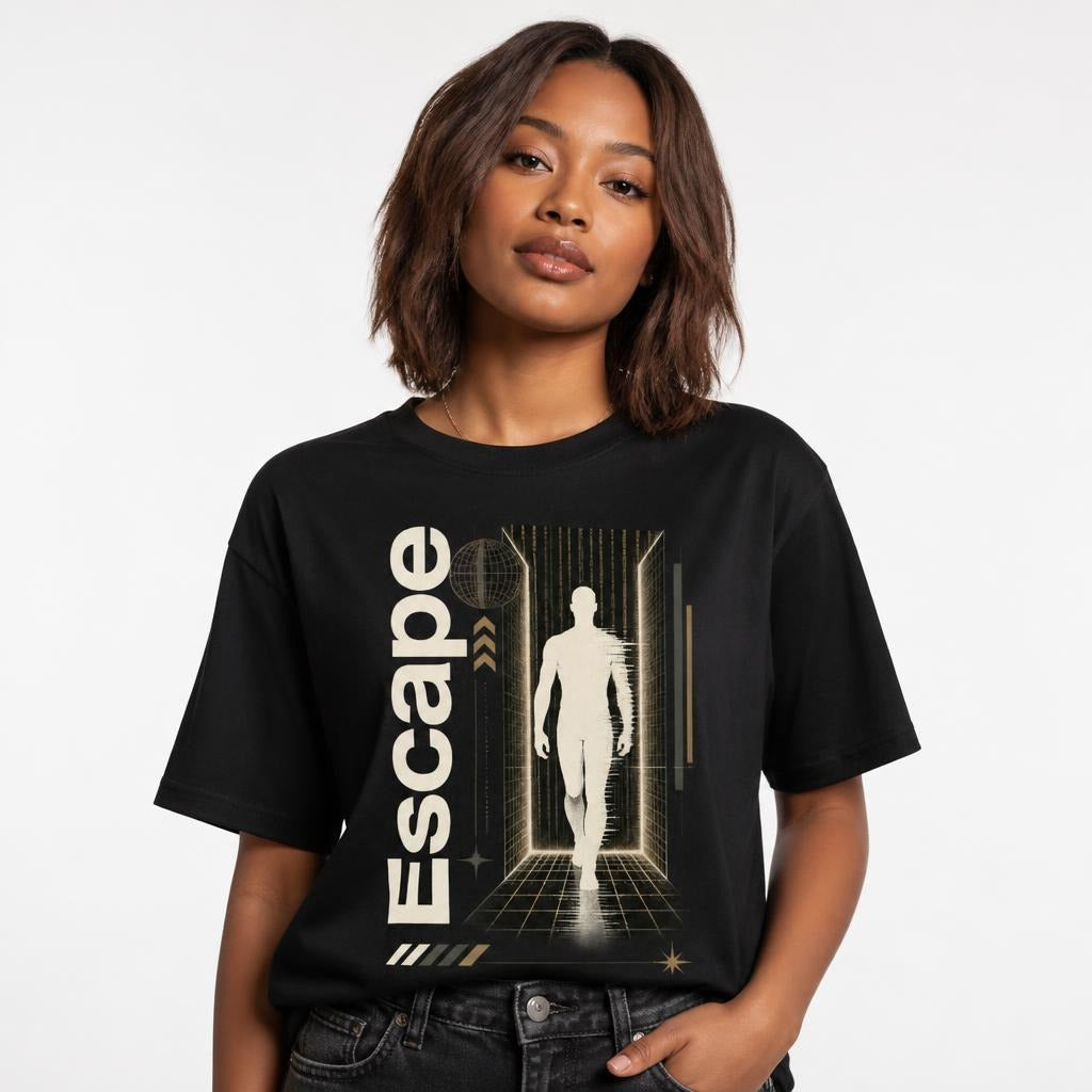 Escape The System Graphic T Shirt Futuristic Streetwear t shirt in Black worn by a studio model in an upper-body front relaxed pose on a clean white background
