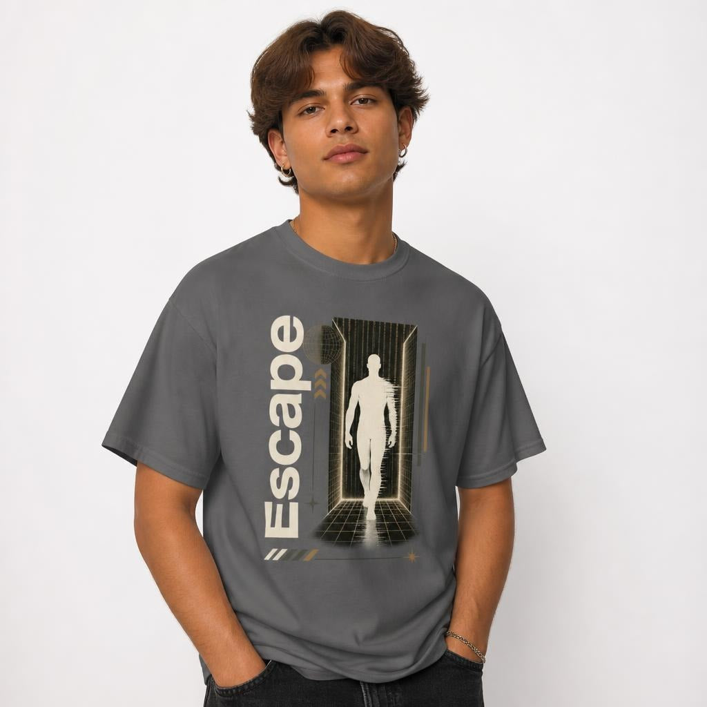 Escape The System Graphic T Shirt Futuristic Streetwear t shirt in Charcoal worn by a studio model in an upper-body three quarter left pose on a clean white background