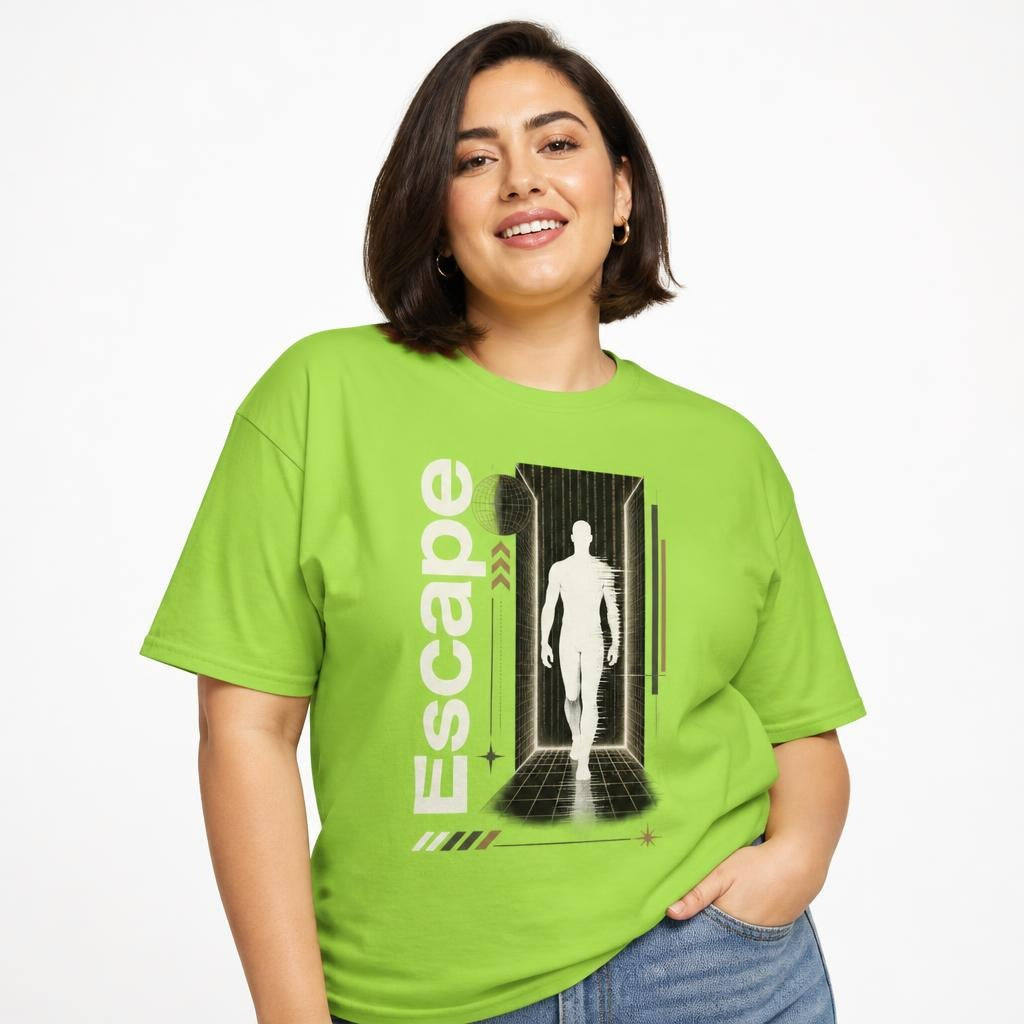 Escape The System Graphic T Shirt Futuristic Streetwear t shirt in Lime worn by a studio model in an upper-body walking pose on a clean white background