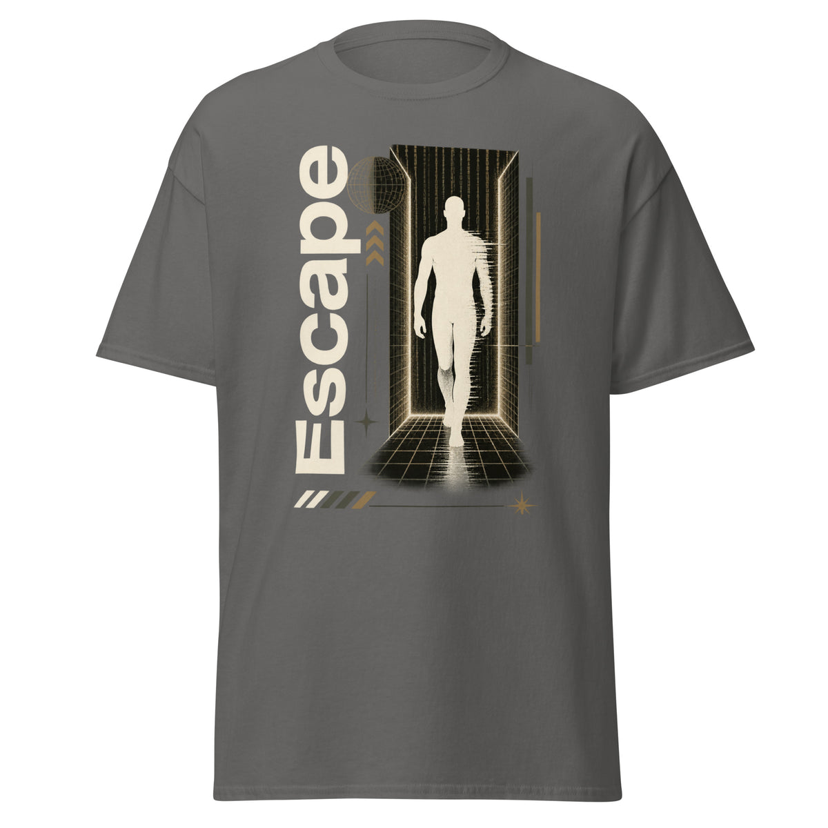 Front view of a Charcoal T-shirt featuring a human silhouette walking through a futuristic corridor with a wireframe sphere.