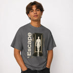 Front model view of a Charcoal T-shirt featuring a human silhouette in a futuristic corridor with a wireframe sphere.