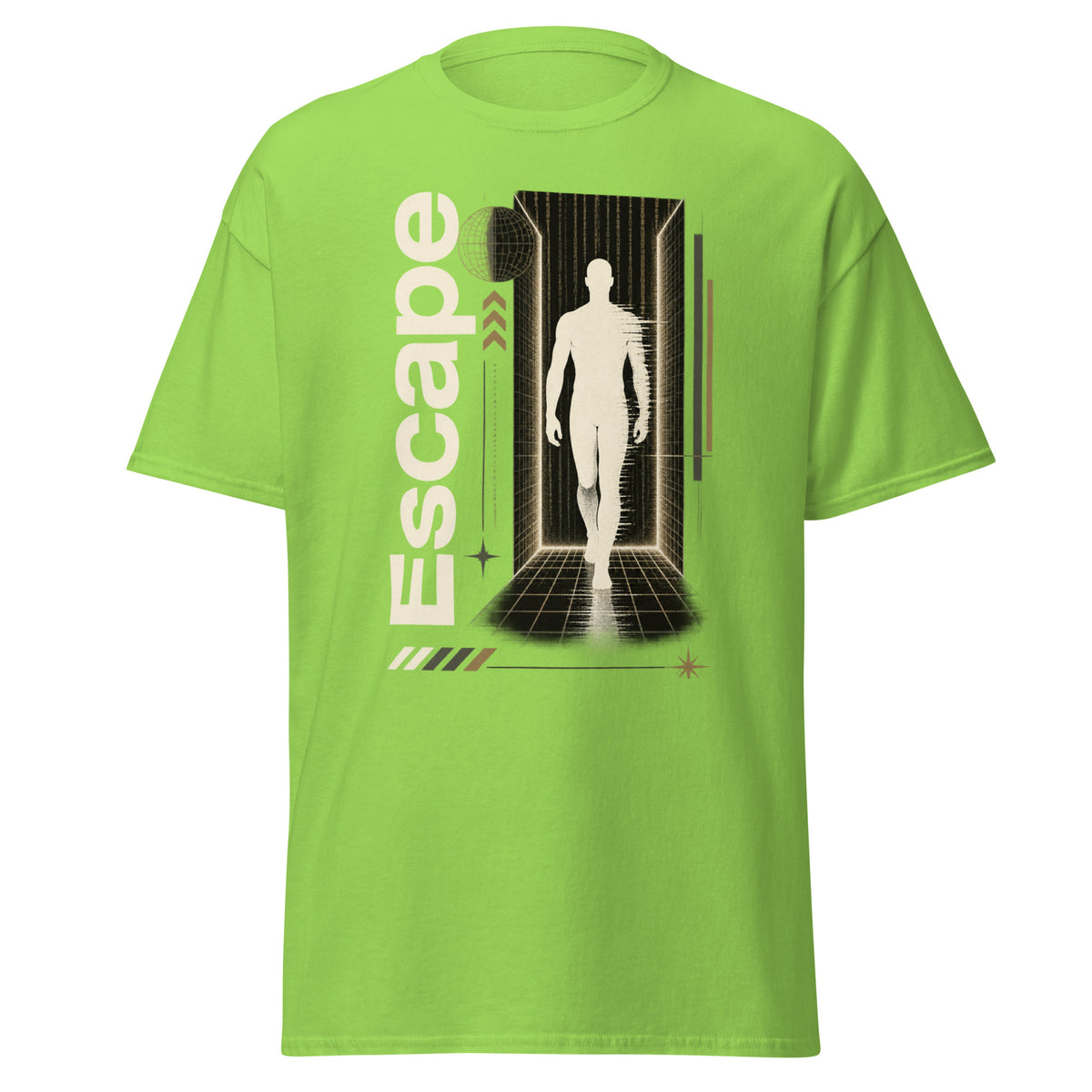Front view of a Lime T-shirt featuring a human silhouette walking through a futuristic corridor with a wireframe sphere graphic.