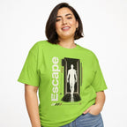 Front view of a lime T-shirt featuring a human silhouette in a futuristic corridor with a wireframe sphere graphic.