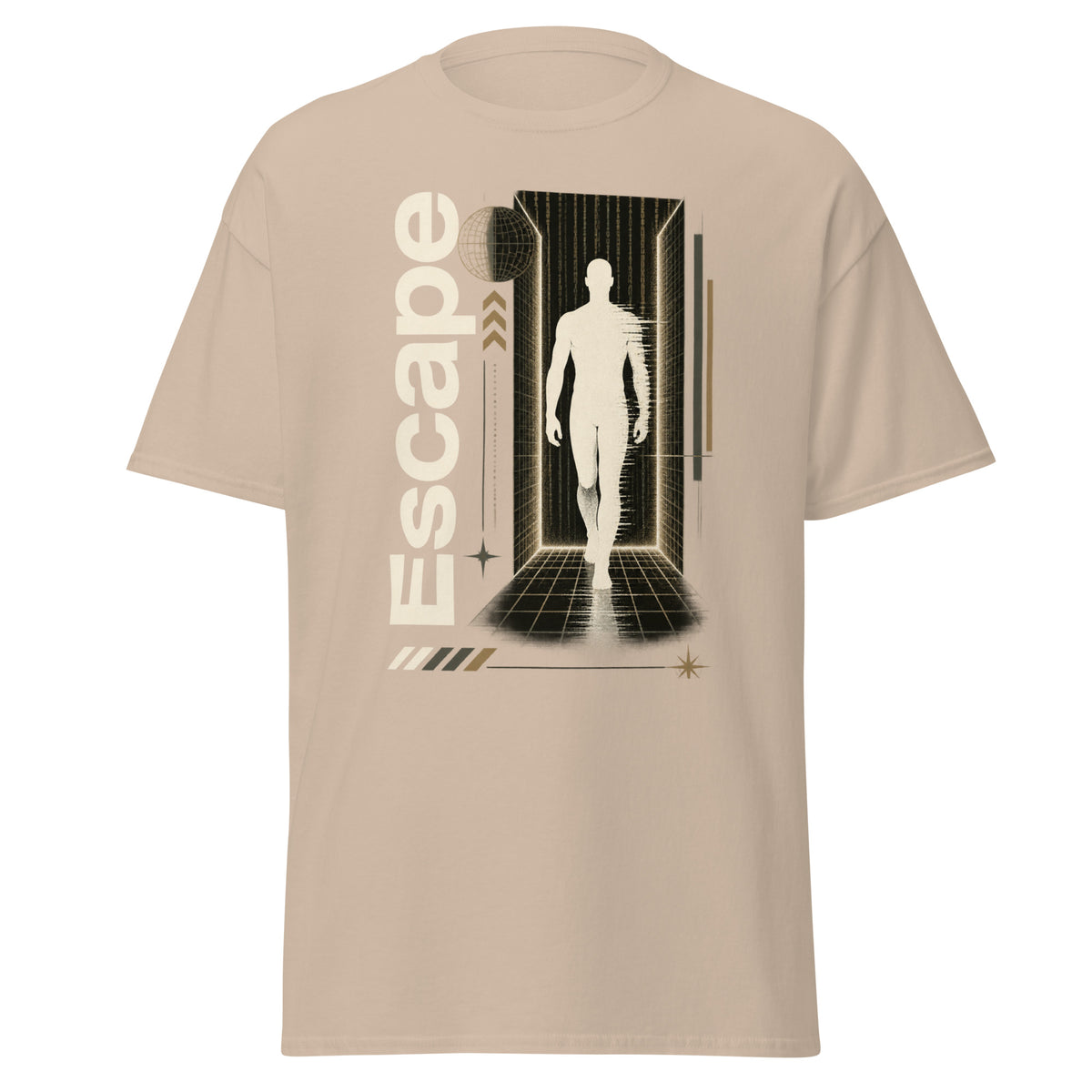 Sand T-shirt featuring a Human Silhouette in a Corridor with a Wireframe Sphere and vertical Escape lettering.