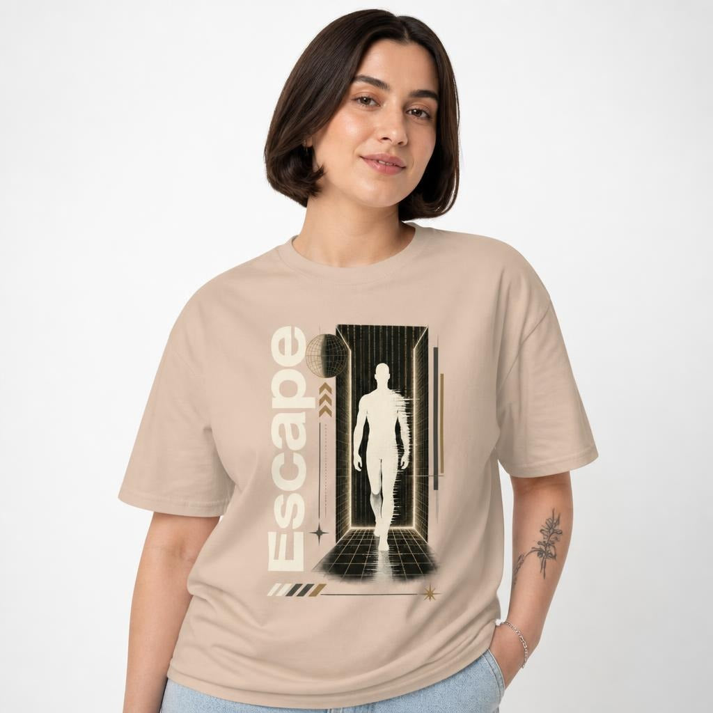 Model wearing a Sand T-shirt featuring a human silhouette in a corridor with a wireframe sphere and geometric accents.