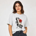 Eternal Crane t shirt in Ash worn by a studio model in an upper-body three quarter left pose on a clean white background