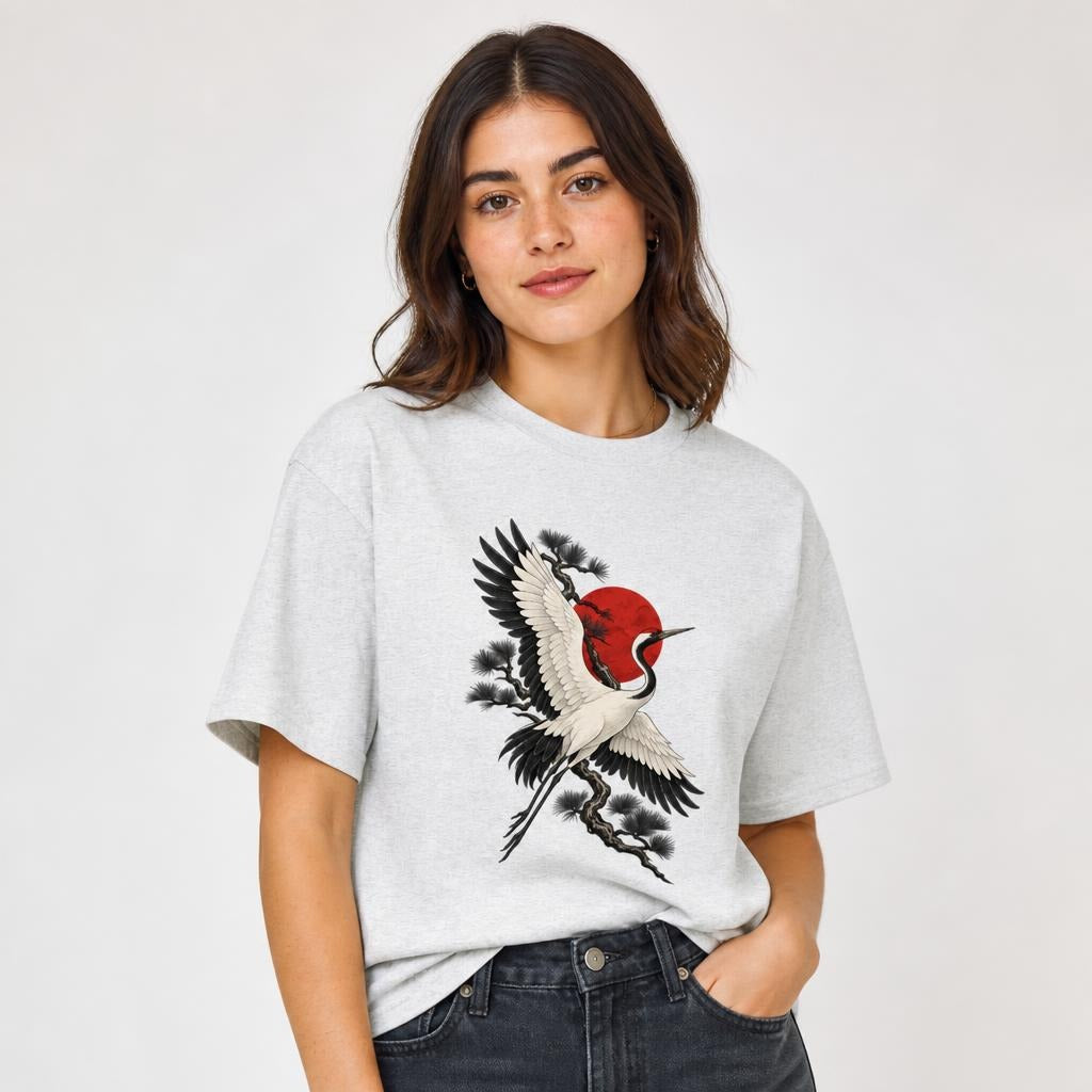 Eternal Crane t shirt in Ash worn by a studio model in an upper-body three quarter left pose on a clean white background