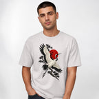Eternal Crane t shirt in Ice Grey worn by a studio model in an upper-body three quarter right pose on a clean white background