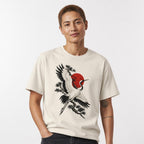 Eternal Crane t shirt in Natural worn by a studio model in an upper-body walking pose on a clean white background