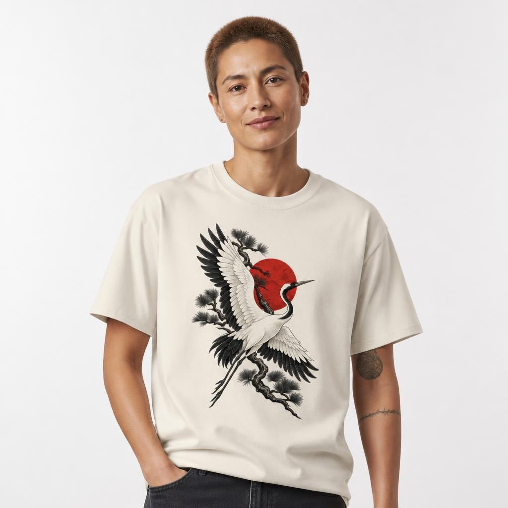 Eternal Crane t shirt in Natural worn by a studio model in an upper-body walking pose on a clean white background