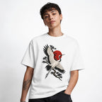 Eternal Crane t shirt in White worn by a studio model in an upper-body front relaxed pose on a clean white background