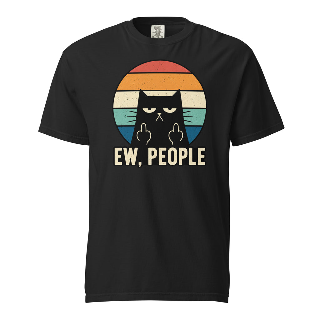 Black T-shirt featuring a black cat making an insolent hand gesture before a colourful retro circle with “EW, PEOPLE” text.