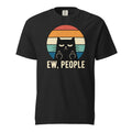 Black T-shirt featuring a black cat making an insolent hand gesture before a colourful retro circle with “EW, PEOPLE” text.