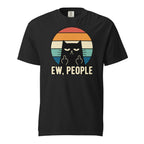 Black T-shirt featuring a black cat making an insolent hand gesture before a colourful retro circle with “EW, PEOPLE” text.