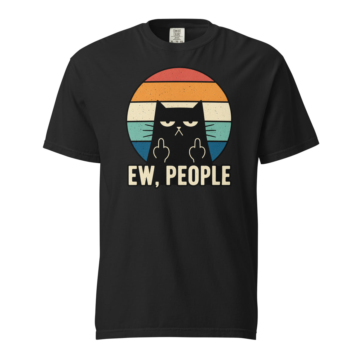 Black T-shirt featuring a black cat making an insolent hand gesture before a colourful retro circle with “EW, PEOPLE” text.