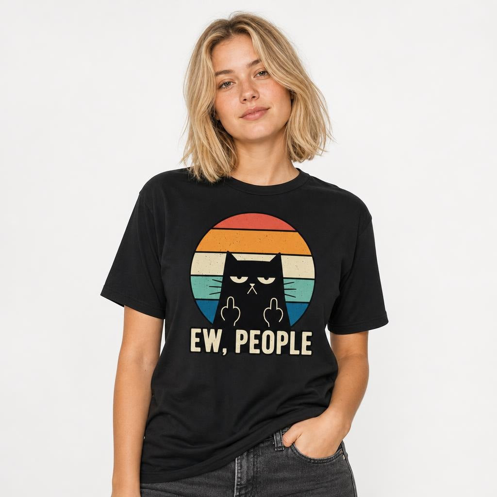 Model wearing a black T-shirt featuring a black cat making an insolent gesture above the words “EW, PEOPLE”