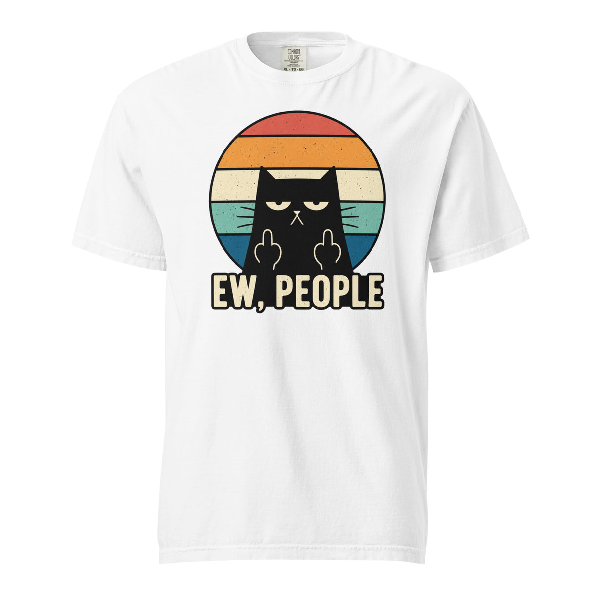 Front view of a white T-shirt featuring a black cat making an insolent hand gesture in front of a distressed multicoloured circle with “EW, PEOPLE.”