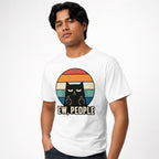 Front view of a white T-shirt featuring a black cat making an insolent hand gesture in a retro circular design with “EW, PEOPLE” text.