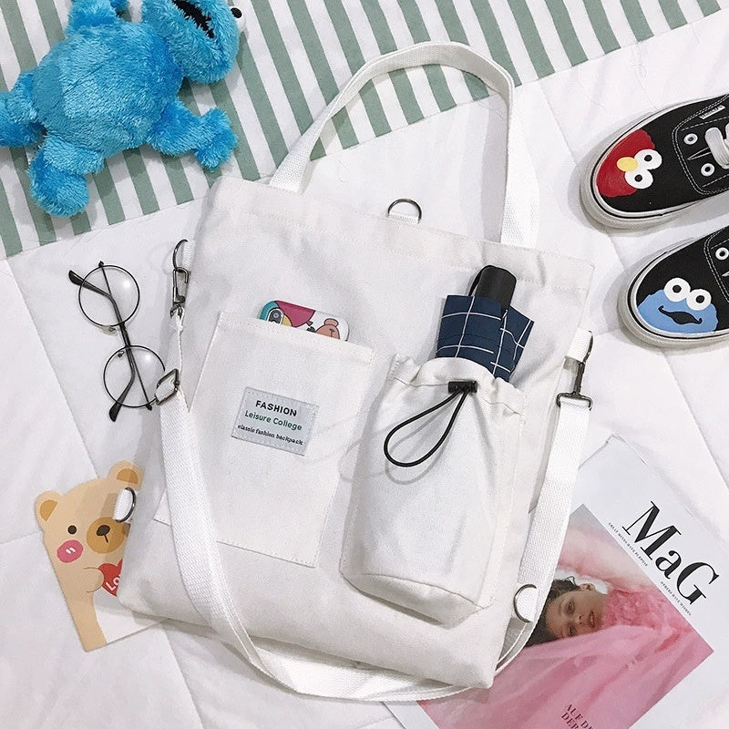 Harajuku Canvas Backpack Shoulder Bag With Pockets