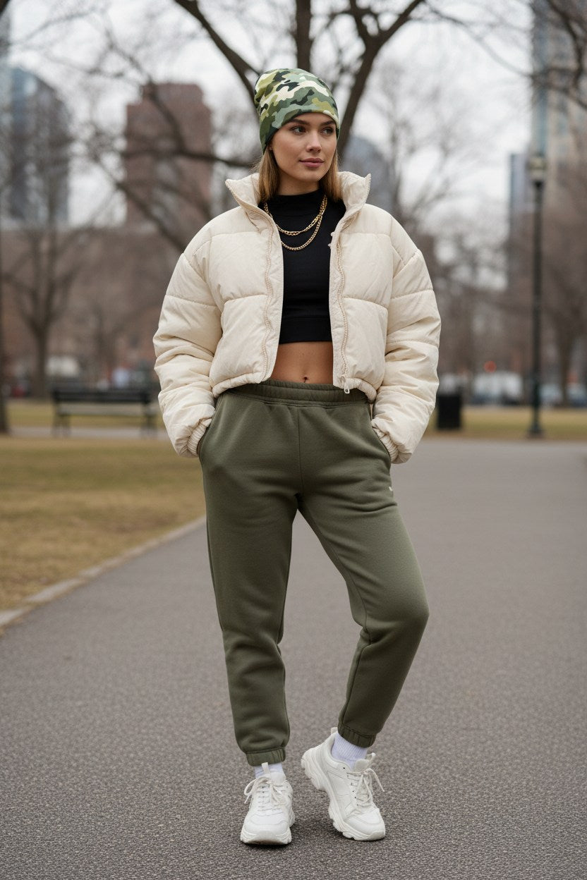 Person wearing a white puffer jacket, green jogger pants, and a camouflage beanie outdoors.