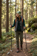 Woman hiking in a forest with trekking poles and outdoor gear.